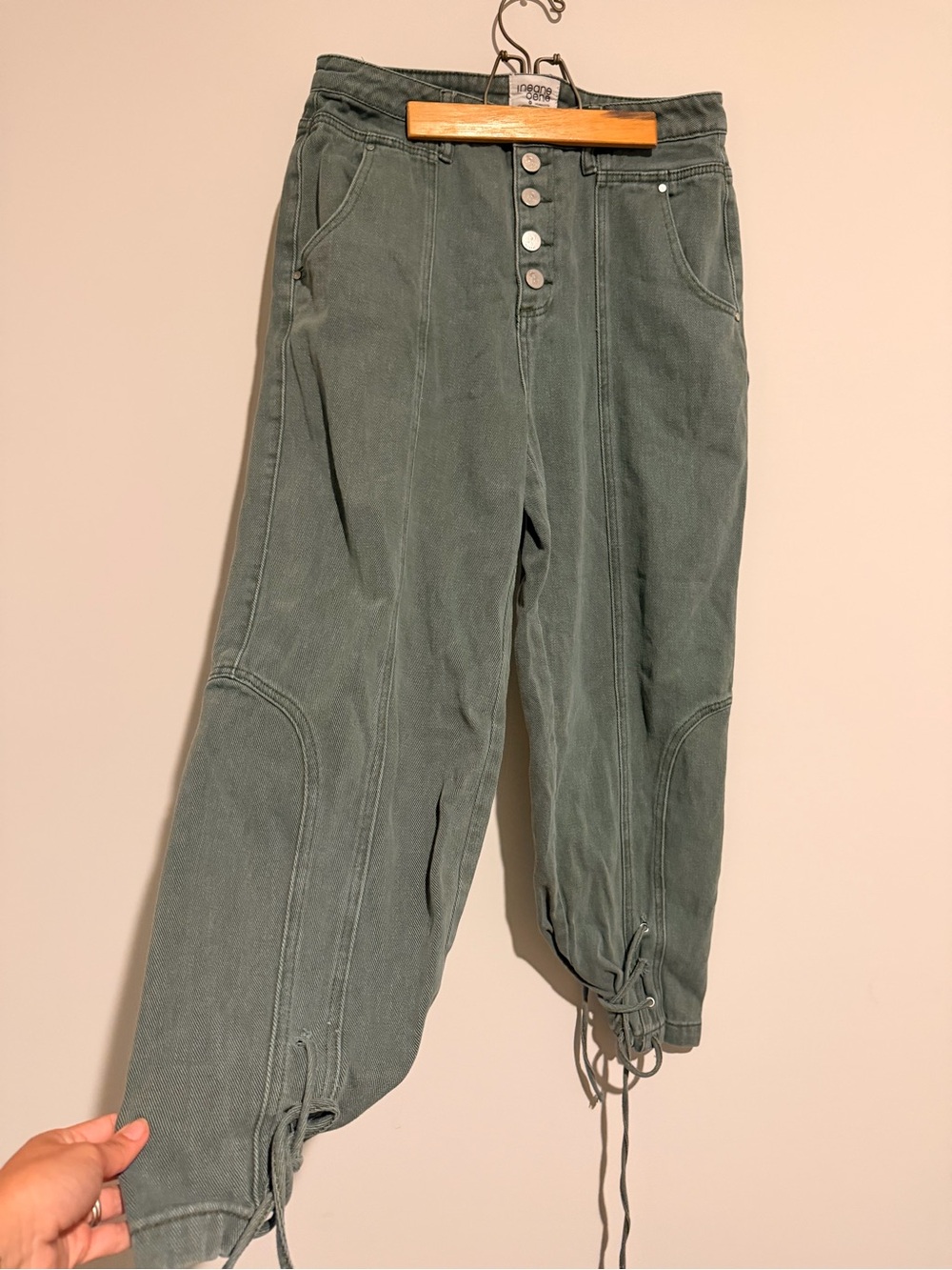 Insane Gene Los Angeles High Rise Relaxed Olive Green Drawstring Hem Jeans